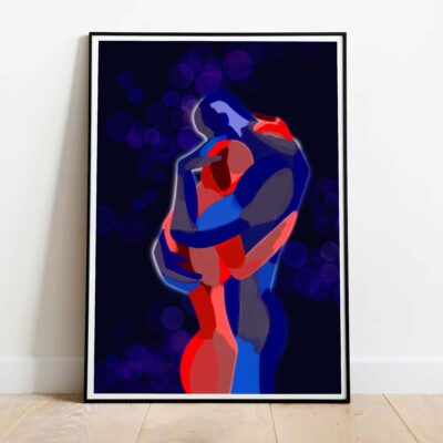 Poster rainy hug bleu rouge dans cadre noir