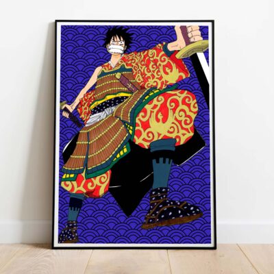Poster Luffy Samouraï bleu dans cadre noir