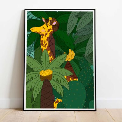 Poster Jungle Giraffe dans cadre noir