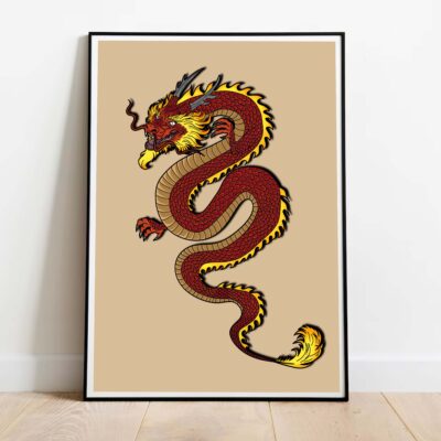 Poster Dragon beige dans cadre noir