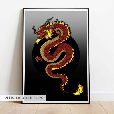 Poster Dragon dans cadre noir plus de couleurs