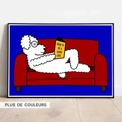 Poster Reading Dog dans cadre noir
