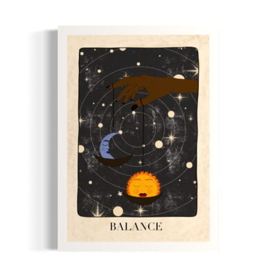 Signe astrologique balance, main qui tient une balance avec une lune et un soleil. Illustrations artisanales en ligne