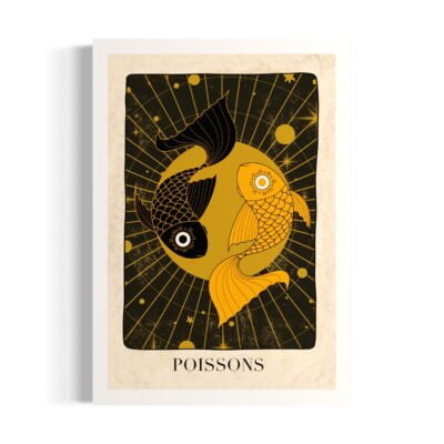Signe astrologique poissons. Deux poissons, un jaune et un noir. Illustrations artisanales en ligne