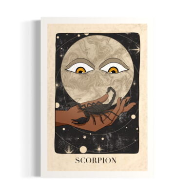 Signe astrologique scorpion dans une main de femme, lune avec des yeux. Illustrations artisanales en ligne