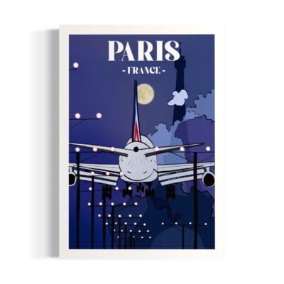 Avion qui décolle dans la nuit, tour Eiffel, lune et nuage dans le ciel. Illustrations artisanales en ligne