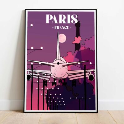 poster plane from paris rose dans cadre noir