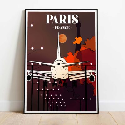 poster plane from paris orange dans cadre noir