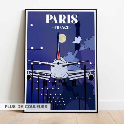 poster plane from paris bleu dans cadre noir