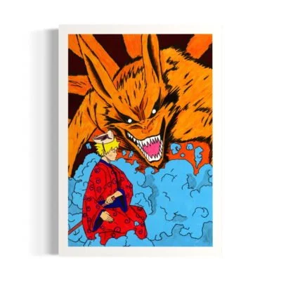 Naruto habillé en kimono avec le démon renard à neuf queues derrière-lui Illustrations artisanales en ligne