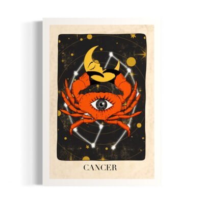 signe astrologique cancer, crabe tenant une lune dans ses pinces, avec un œil sur sa carapace Illustrations artisanales en ligne