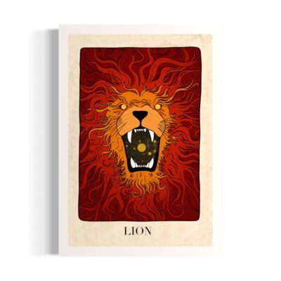 Affiche avec dessin du signe astrologique lion, gueule ouverte