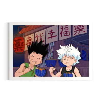 Gon et Kirua, personnages du manga hunter x hunter qui mangent des pâtes