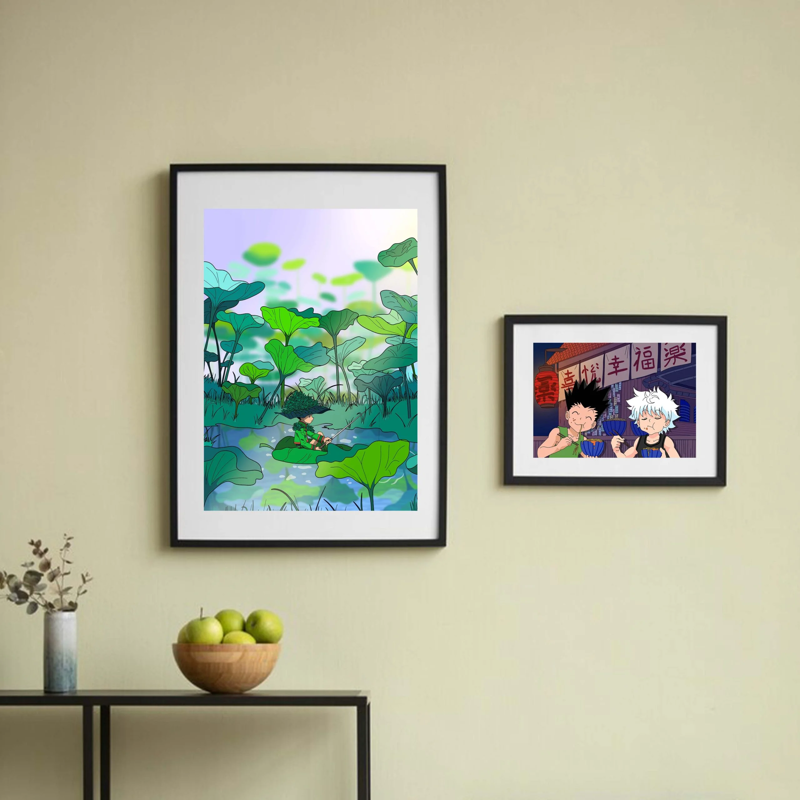 Cadres avec posters de Gon sur mur vert