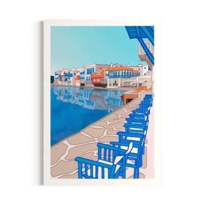 Affiche d'une île des Cyclades, Naxos. Bord de mer, chaises