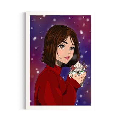 dessin de femme qui boit un café dans une grande tasse. Tasse avec motif de houx, petit bonhomme en pain d'épice, bâton de cannelle et mousse. Illustrations chaleureuse, flocons de neige en arrière plan.