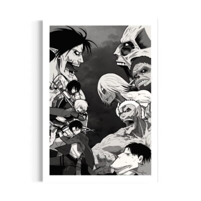 dessin de personnages du manga l'Attaque des Titans. Personnage répartis en deux camps, d'un côté Eren Jäger sous sa forme de titan assaillant, Mikasa Ackerman, Armin Arlet et Livaï Ackerman. De l'autre côté les titans colossal, cuirassé, féminin, bestial et charette. Personnage du manga Shingeki no Kyojin, snk.