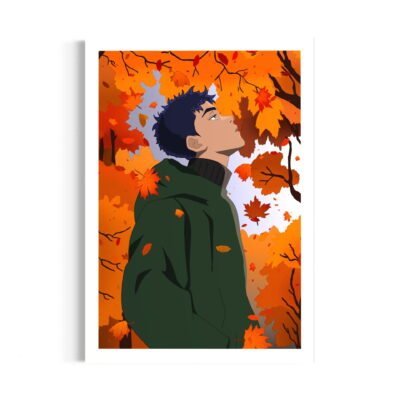 dessin d'un homme au milieu de la forêt, en automne. Visage mélancolique, arbres au feuillage orange, feuilles qui tombent.