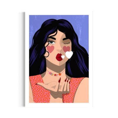 dessin de femme qui envoie un bisou. Affiche féministe, collier avec inscription en anglais kiss my. Femme forte, indépendante.