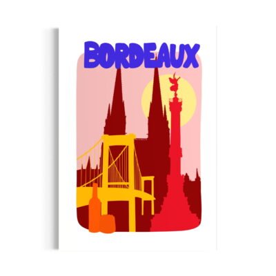 dessin d'éléments représentatifs de la ville de Bordeaux, située en Gironde. Pont d'Aquitaine, monument aux Girondins, Cathédrale Saint-André, bouteille de vin et cannelé