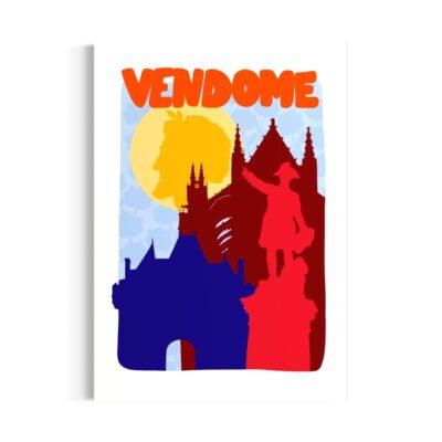 Dessin représentant différents éléments de la ville de Vendôme. Statue, monuments, couleurs, soleil
