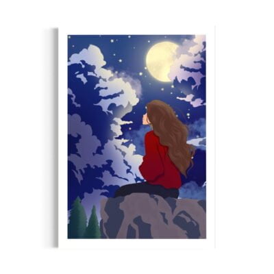 dessin de femme assise au bord d'une falaise. Jeune fille brune qui regarde le ciel. Ciel étoilé, de nuit, nuages et pleine lune.