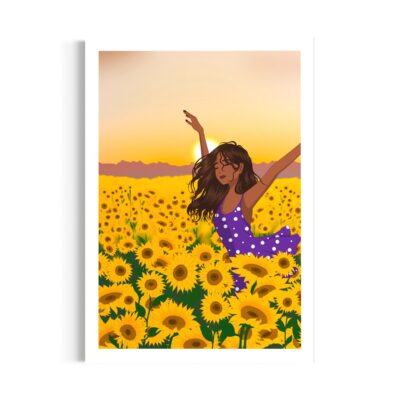 dessin de femme dansant dans un champ de tournesols. Jeune fille brune avec robe violette à pois, coucher de soleil. illustration joyeuse et lumineuse