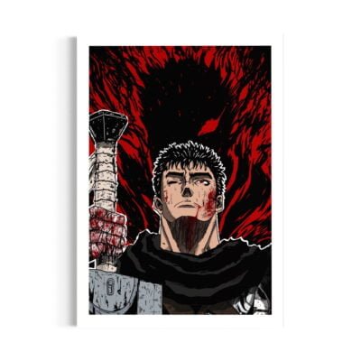 dessin du personnage principal du manga Berserk qui tient son épée. Tâches de sang, démon en arrière plan. 