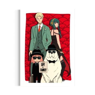 dessin des personnages principaux du manga Spy x Family : Loid Forger, Yor Forger, Anya Forger et leur chien Bond Forger.