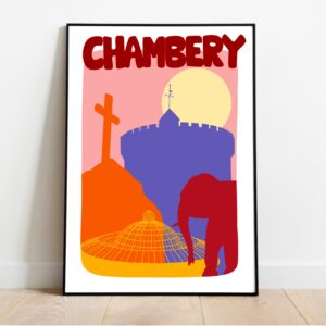 Poster "Chambéry", dessin d'éléments représentatifs de la ville de Chambéry, située en Savoie. Fontaine des Eléphants, château des Ducs de Savoie, croix du Nivolet, rotonde ferroviaire. Affiche dans cadre noir