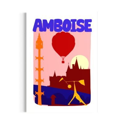 dessin d'éléments représentatifs de la ville d'Amboise, située dans l'Indre-et-Loire. Tour d'Or Blanc, château royal, montgolfière, pont du Maréchal Leclerc, sculpture Crinkly.