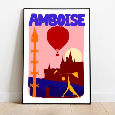 dessin d'éléments représentatifs de la ville d'Amboise, située dans l'Indre-et-Loire. Tour d'Or Blanc, château royal, montgolfière, pont du Maréchal Leclerc, sculpture Crinkly. dans cadre noir