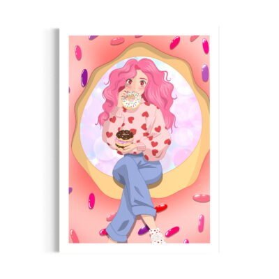 dessin de femme aux cheveux roses qui mange des donuts. Dessin dans le style manga, femme assise dans un donut géant. Motifs cœurs. 