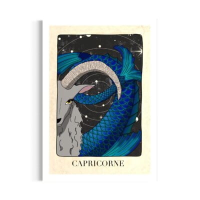 Poster "Capricorn" de la collection astrologie. Représente le signe capricorne dans les tons bleus, tête de chèvre avec queue de sirène. Galaxie en fond avec étoiles.