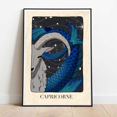 Poster "Capricorn" de la collection astrologie. Représente le signe capricorne dans les tons bleus, tête de chèvre avec queue de sirène. Galaxie en fond avec étoiles, dans cadre noir.