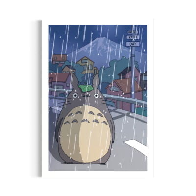 illustration du personnage du dessin animé Mon Voisin Totoro créé par le Studio Ghibli. Sur la route, sous la pluie, mont Fuji en fond et village de nuit. 
