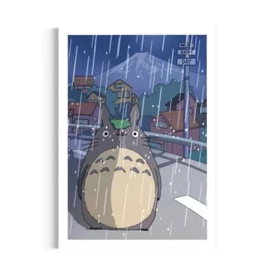 illustration du personnage du dessin animé Mon Voisin Totoro créé par le Studio Ghibli. Sur la route, sous la pluie, mont Fuji en fond et village de nuit. 
