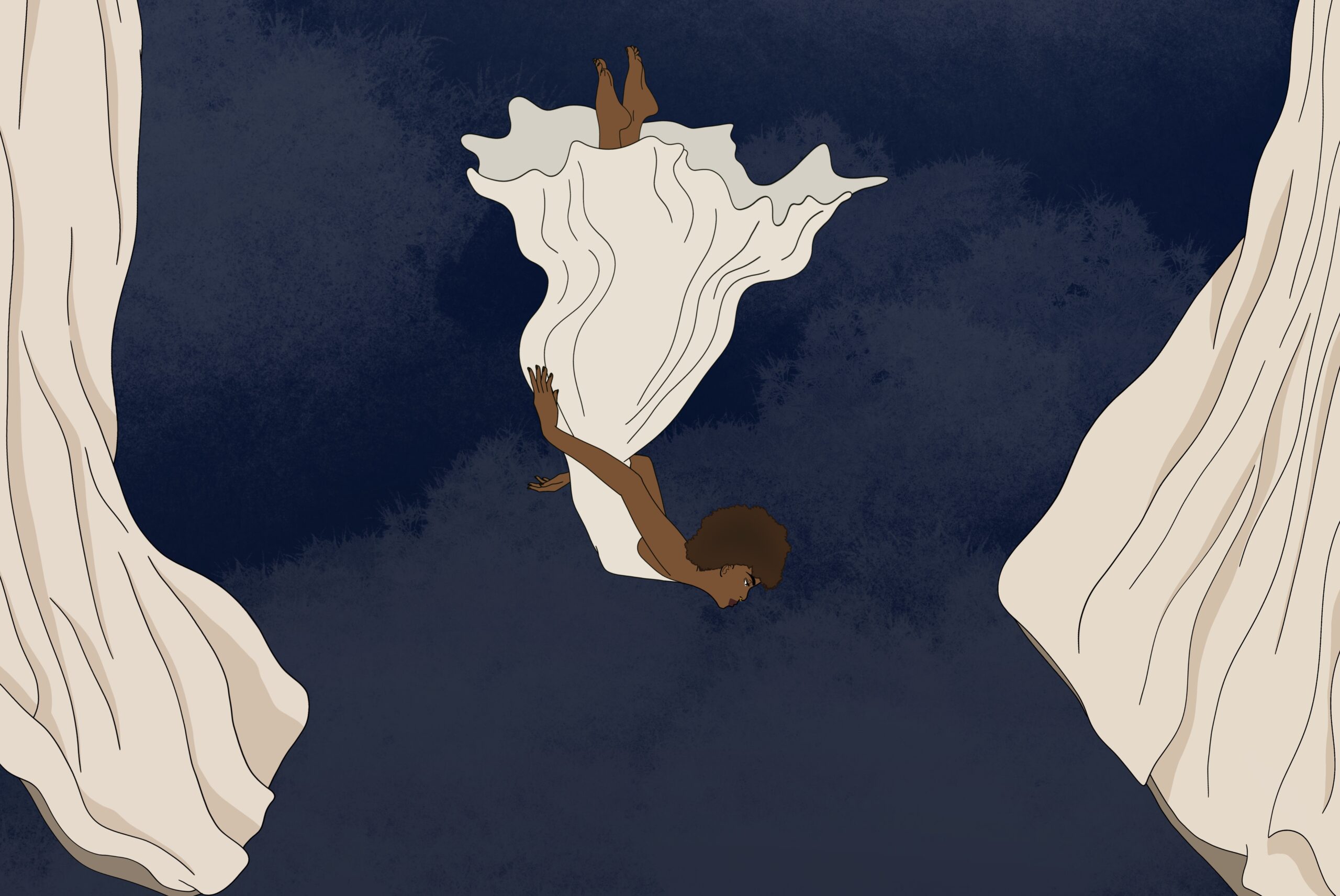 femme en robe blanche qui tombe dans le vide, draps blancs sur les côtés