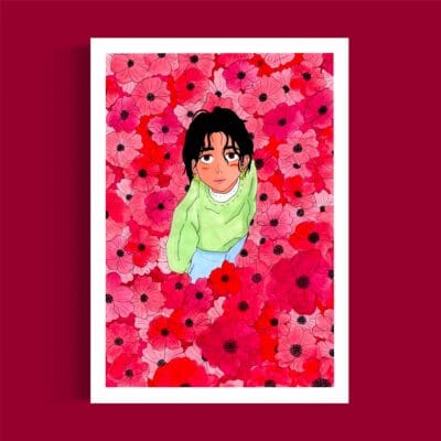 dessin de femme dans champ de fleurs rouges