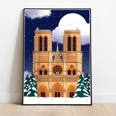 Illustration Notre-Dame Sous La Neige dans cadre noir