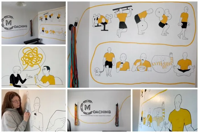 Création de plusieurs fresques murales pour le cabinet de Martin Crosnier Coaching. Il souhaitait du jaune et du noir, son logo, mais aussi un dessin symbolisant le côté consultation et un autre représentant les fondements d'une routine saine.