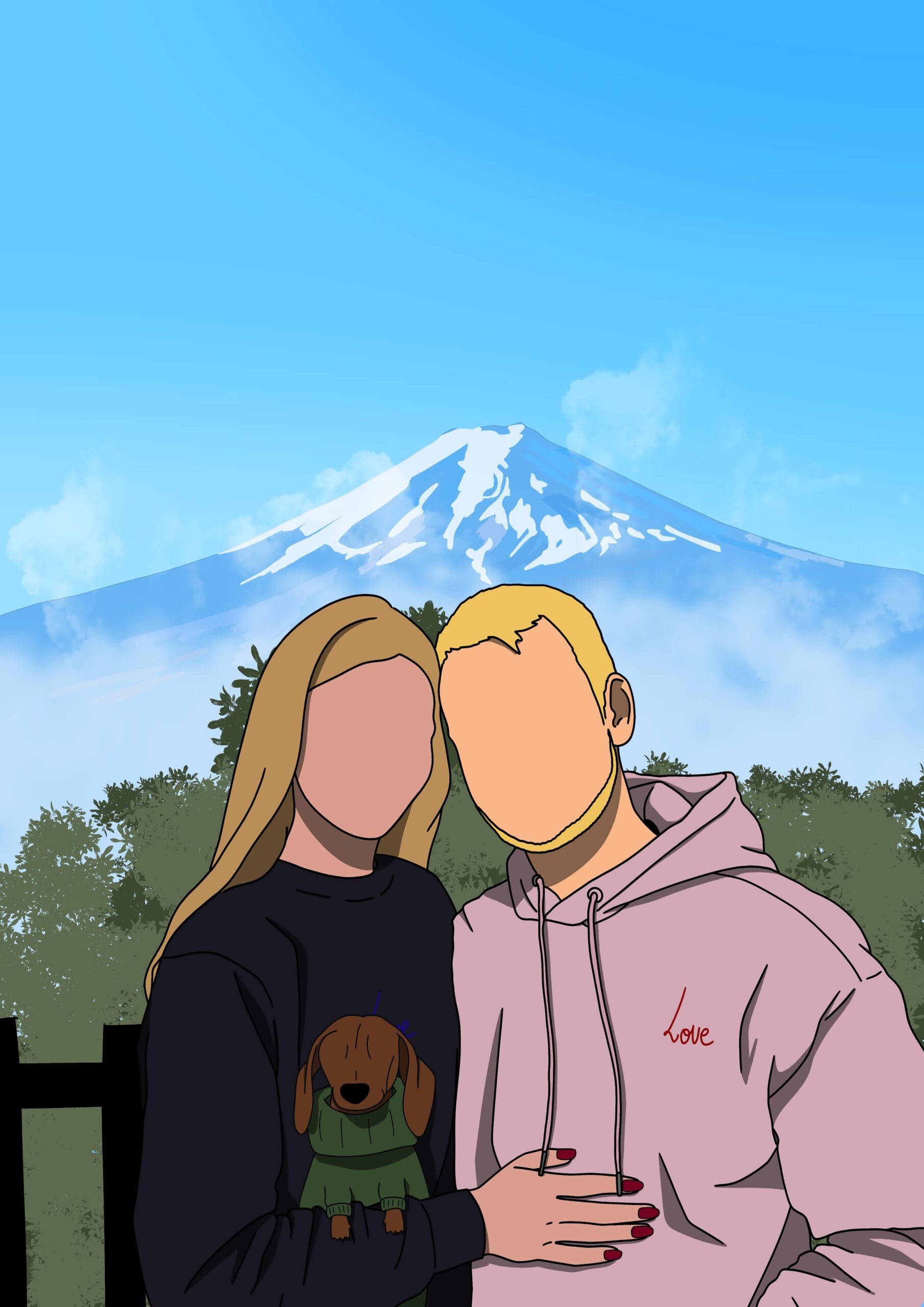 Portrait personnalisé de 2 personnes avec 1 chien