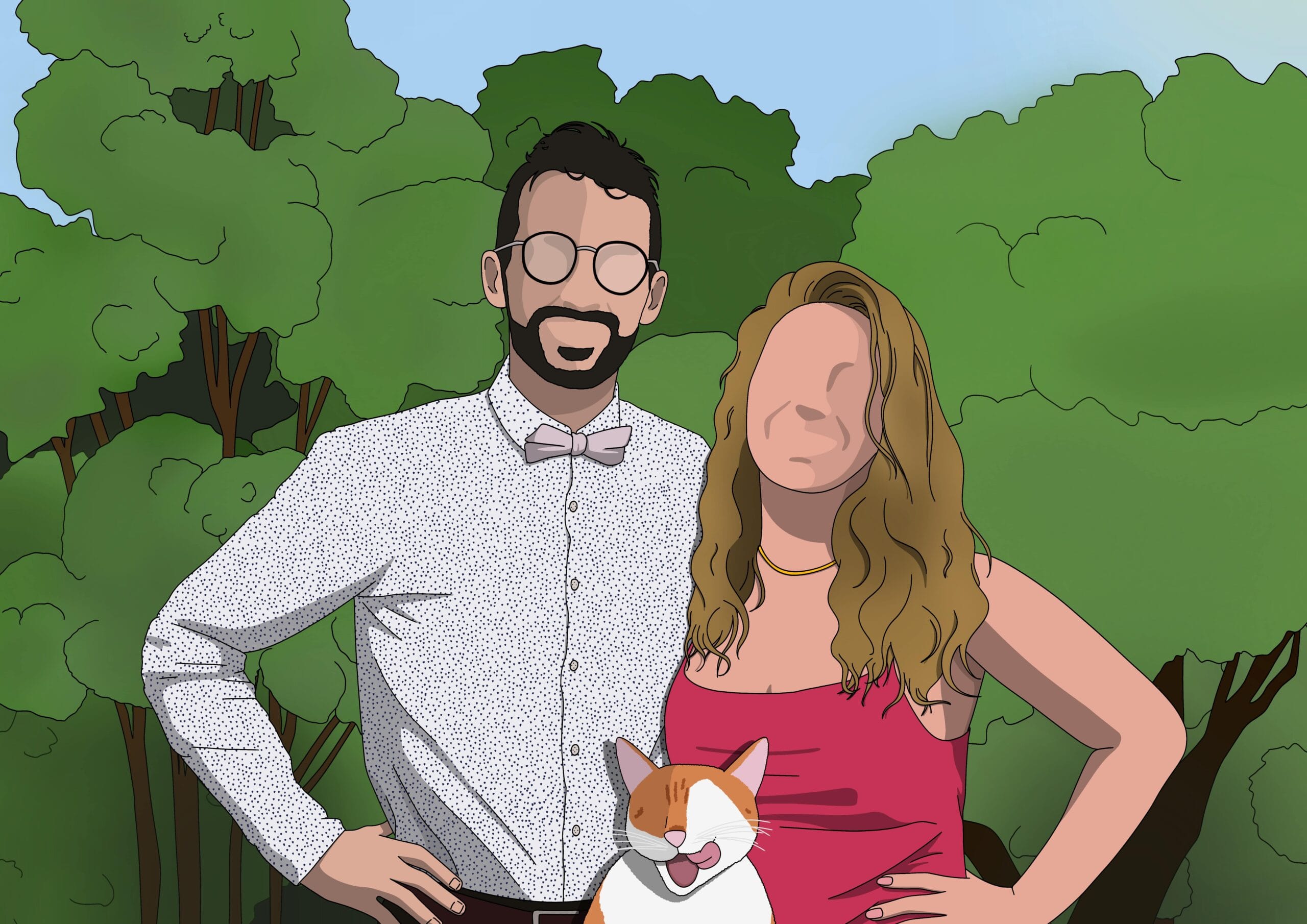 Portrait personnalisé de 2 personnes avec 1 chat