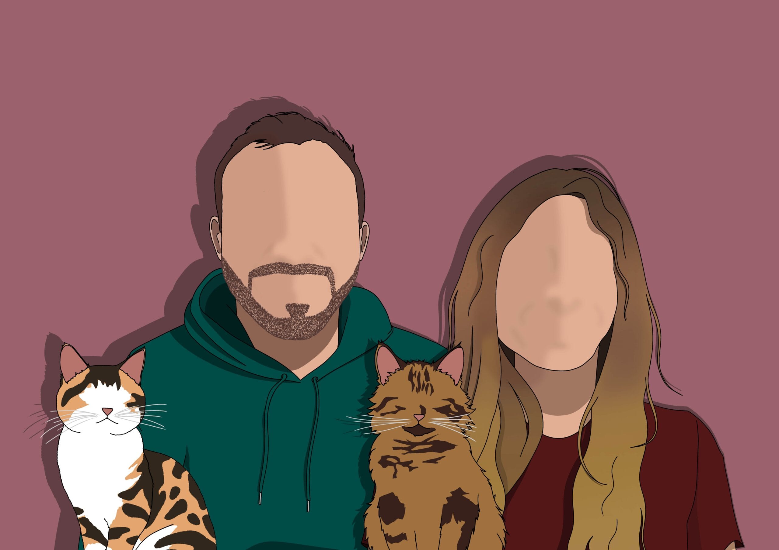 Portrait personnalisé de 2 personnes avec 2 chats