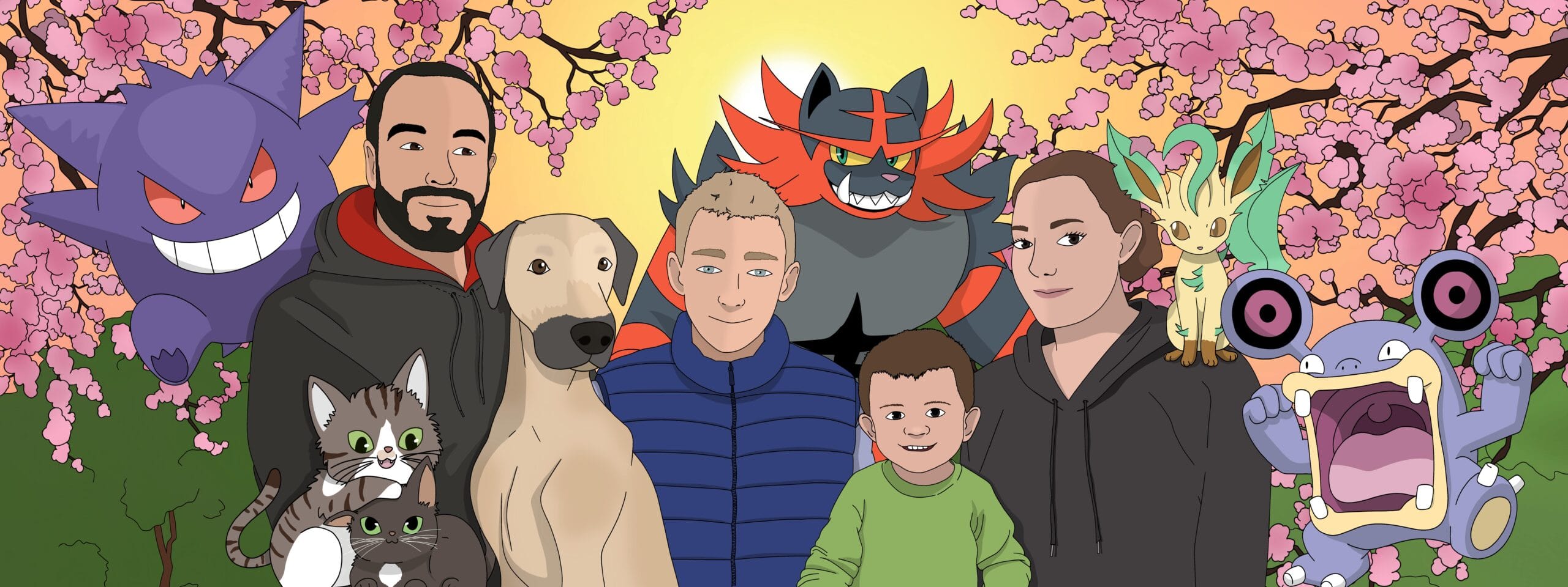 Portrait personnalisé d'une famille avec des pokémons