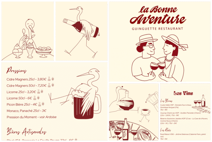 Création d'illustrations puis mise en page du menu de la guinguette Bonne Aventure aux Clouseaux.