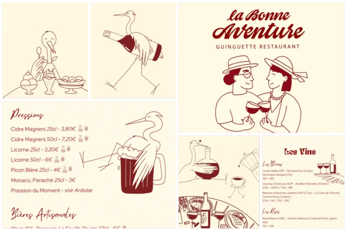 Création d'illustrations puis mise en page du menu de la guinguette Bonne Aventure aux Clouseaux.
