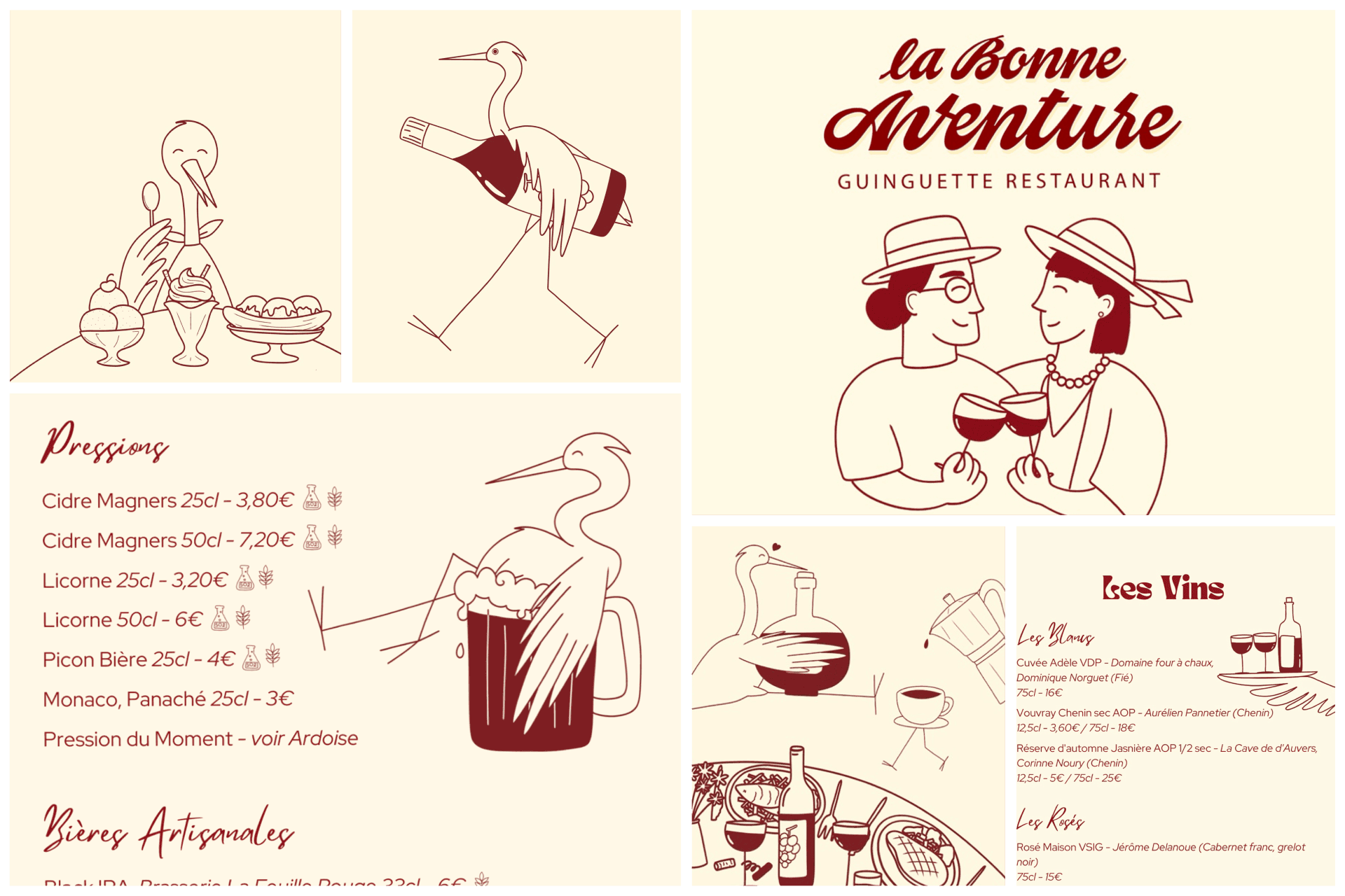 Création d'illustrations puis mise en page du menu de la guinguette Bonne Aventure aux Clouseaux.