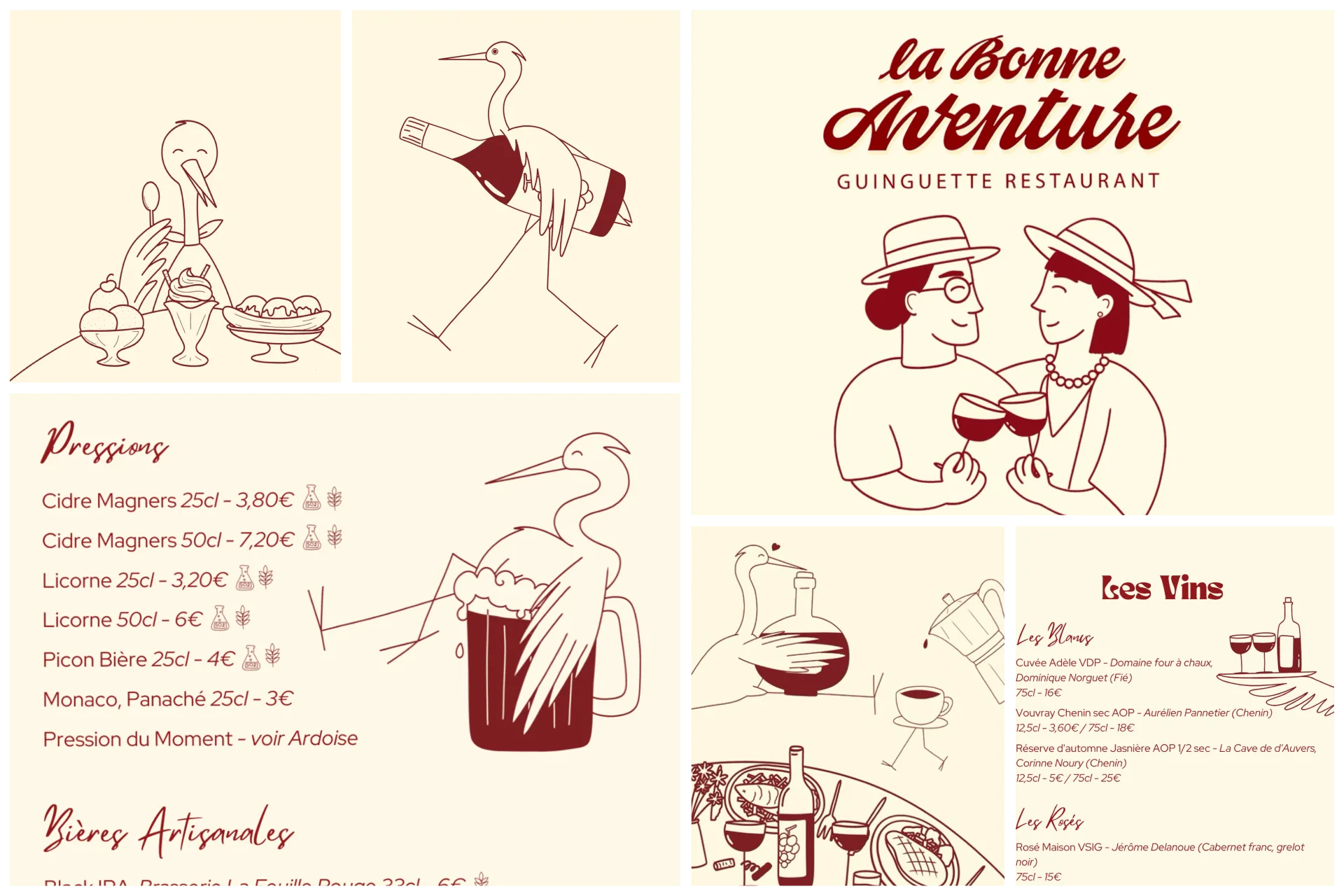 Création d'illustrations puis mise en page du menu de la guinguette Bonne Aventure aux Clouseaux.