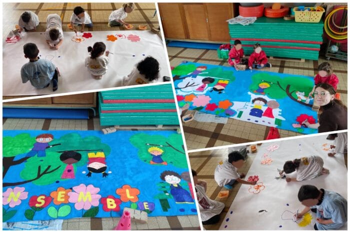 Création d'une grande peinture avec les élèves de l'école élémentaire Jean-Zay puis impression sous forme de cartes postales.